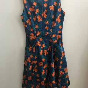 Modcloth Navy and Orange Floral Swing Dress